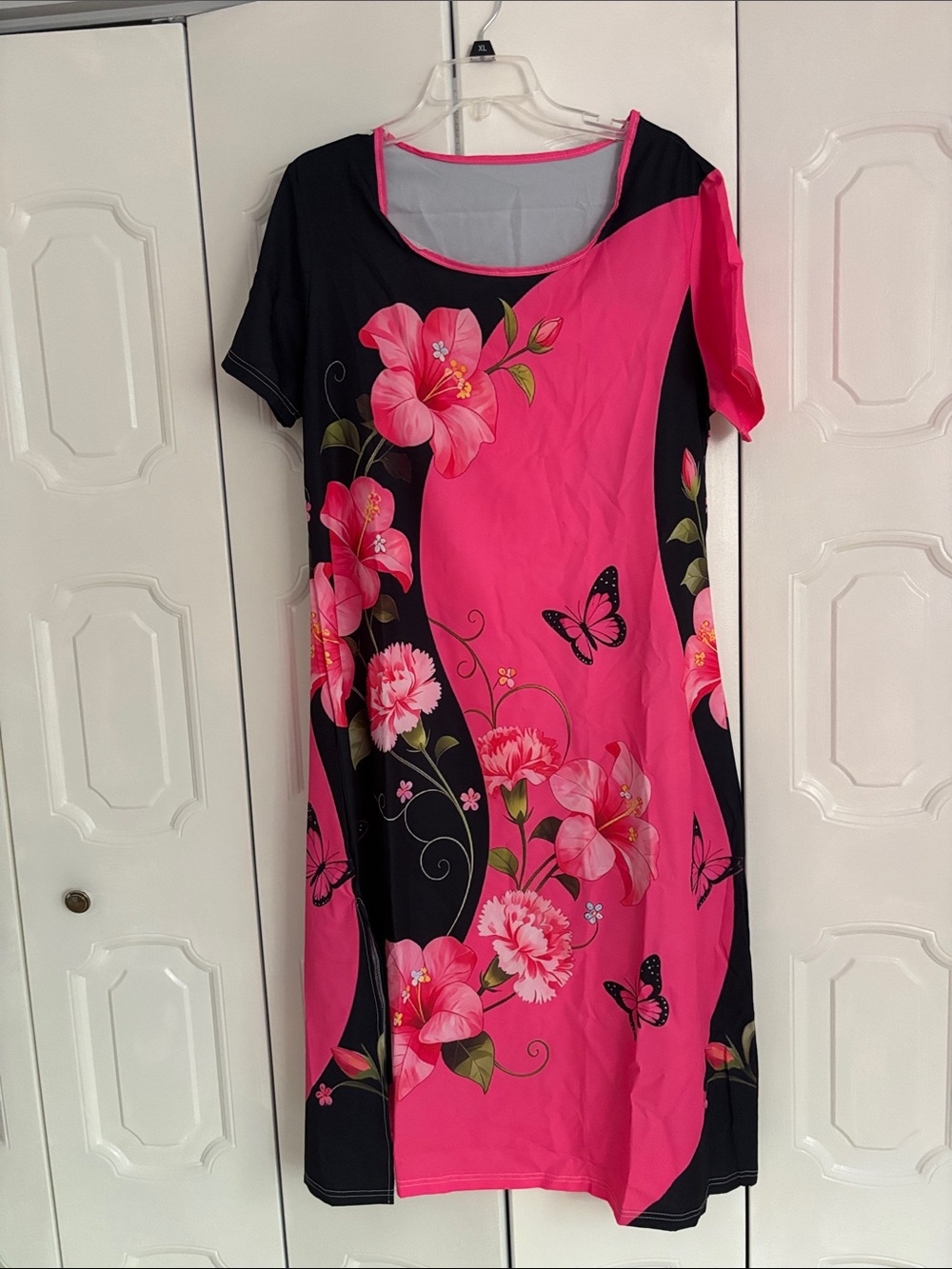 Floral Pink & Black Midi Dress